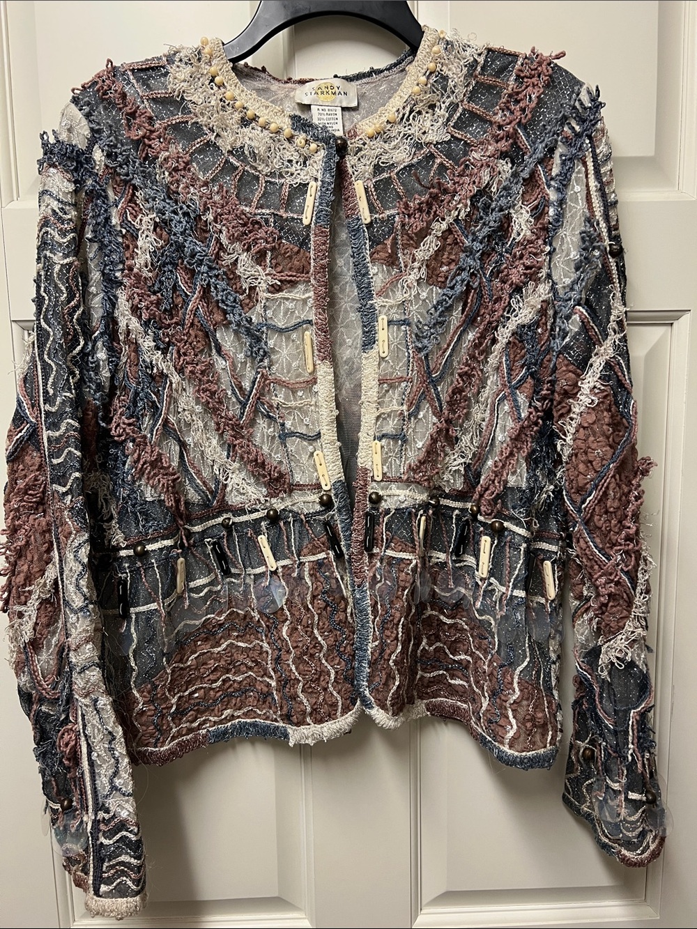 Vintage Sandy Starkman L Statement Wearable Art Cardigan Boho Beaded Patchwork